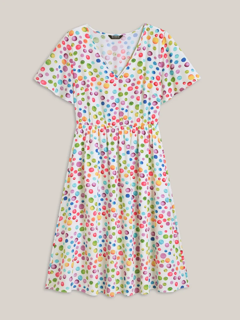 Polka Dots Print Pockets V-Neck Midi Dress