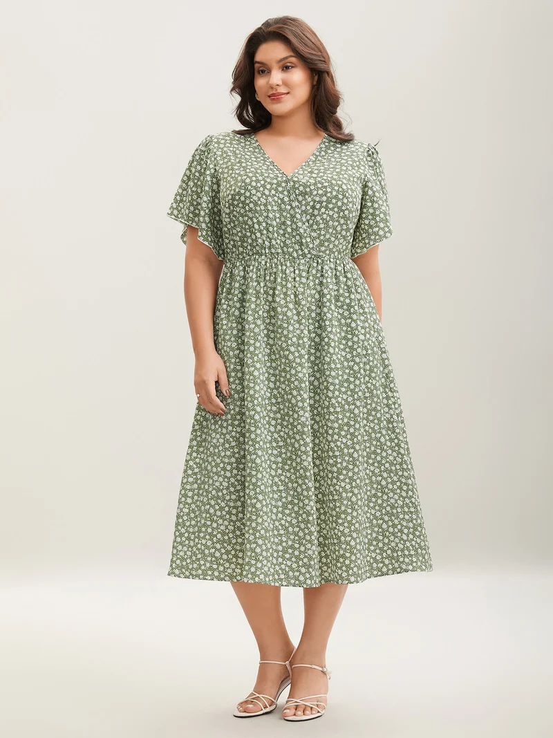 Ditsy Floral Print Flared Sleeve Midi Dress