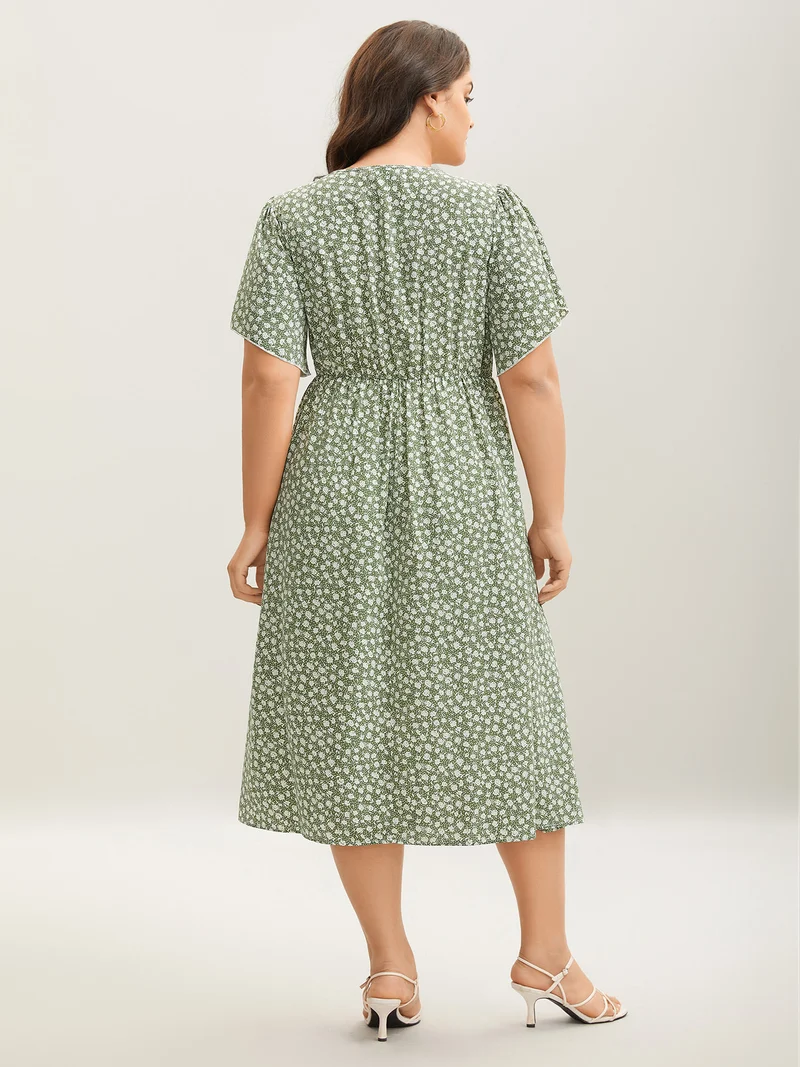 Ditsy Floral Print Flared Sleeve Midi Dress