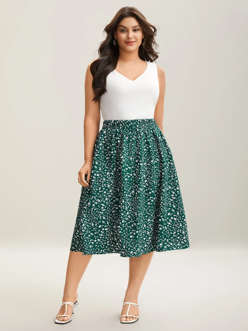 Ditsy Floral Print Stretchy Flared Midi Skirt