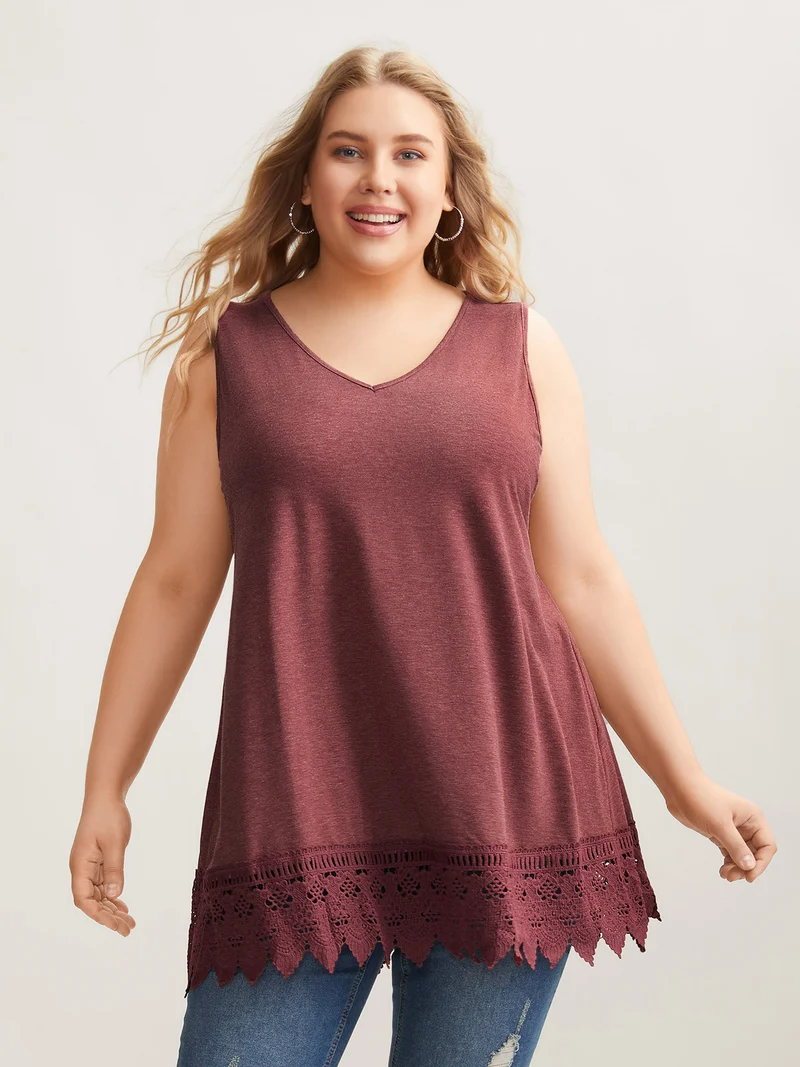 Heathered Stretchy Lace Hem Sleeveless Top