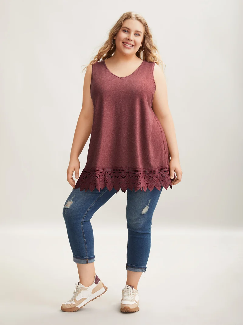 Heathered Stretchy Lace Hem Sleeveless Top