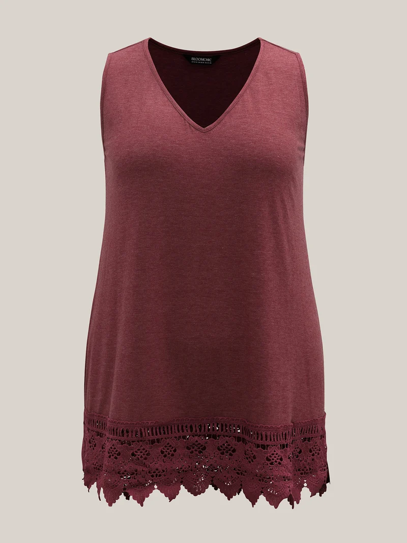 Heathered Stretchy Lace Hem Sleeveless Top
