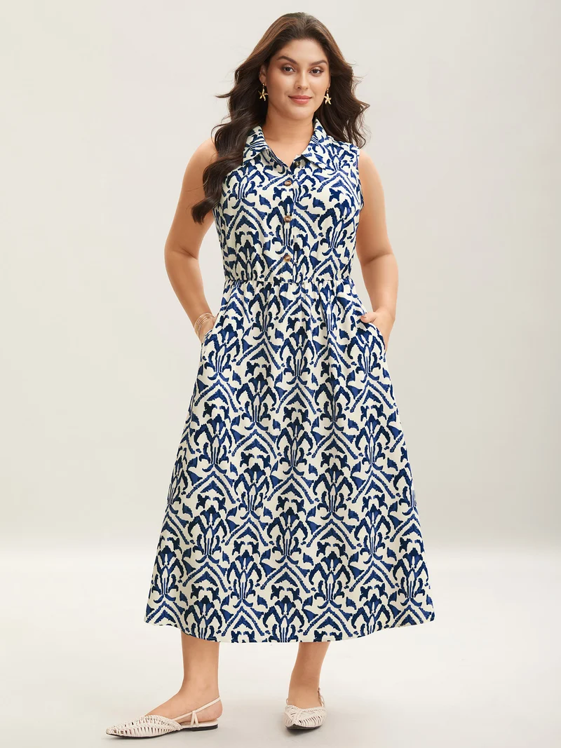 Spring Abstract Print Shirt Collar Midi Dress