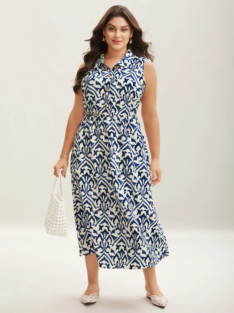 Spring Abstract Print Shirt Collar Midi Dress
