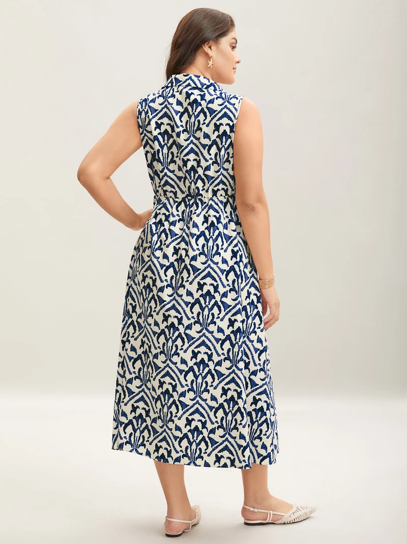 Spring Abstract Print Shirt Collar Midi Dress