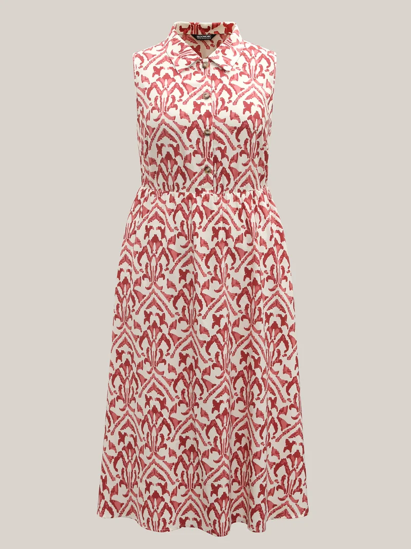 Spring Abstract Print Shirt Collar Midi Dress