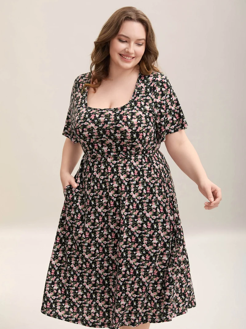 Floral Print Square Neck Straight-Fit Midi Dress