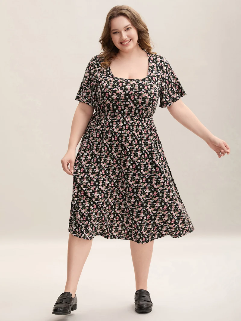 Floral Print Square Neck Straight-Fit Midi Dress