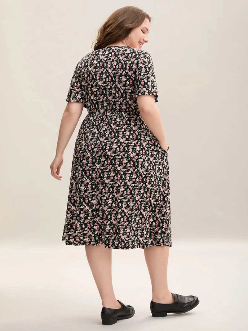 Floral Print Square Neck Straight-Fit Midi Dress