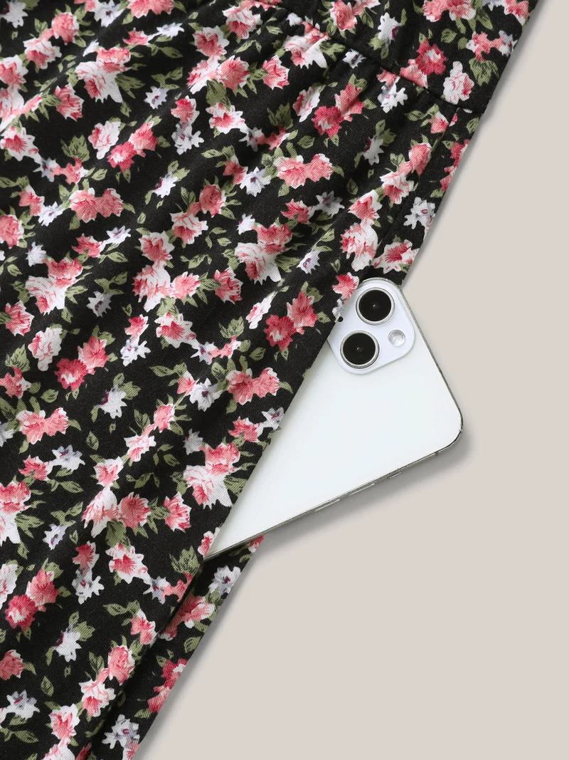 Floral Print Square Neck Straight-Fit Midi Dress