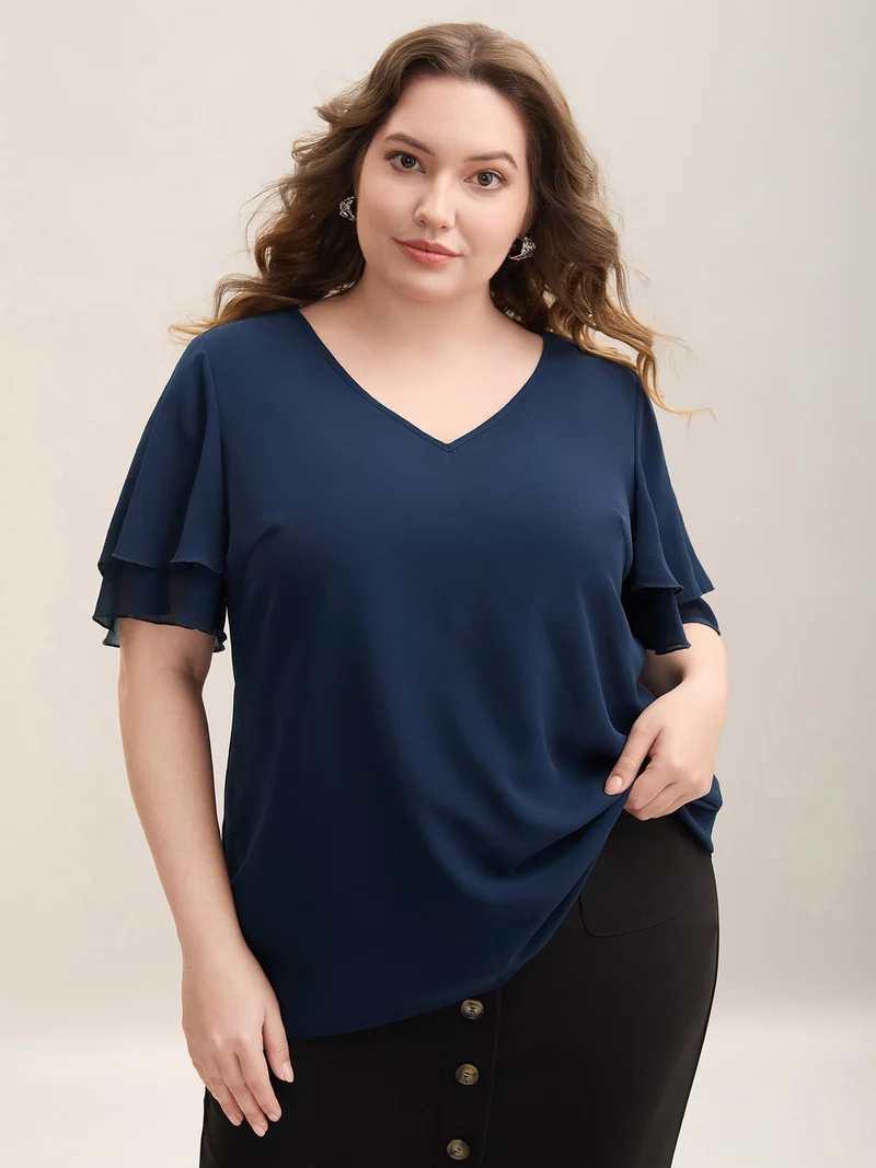 Chiffon Layered Sleeve Solid Blouse
