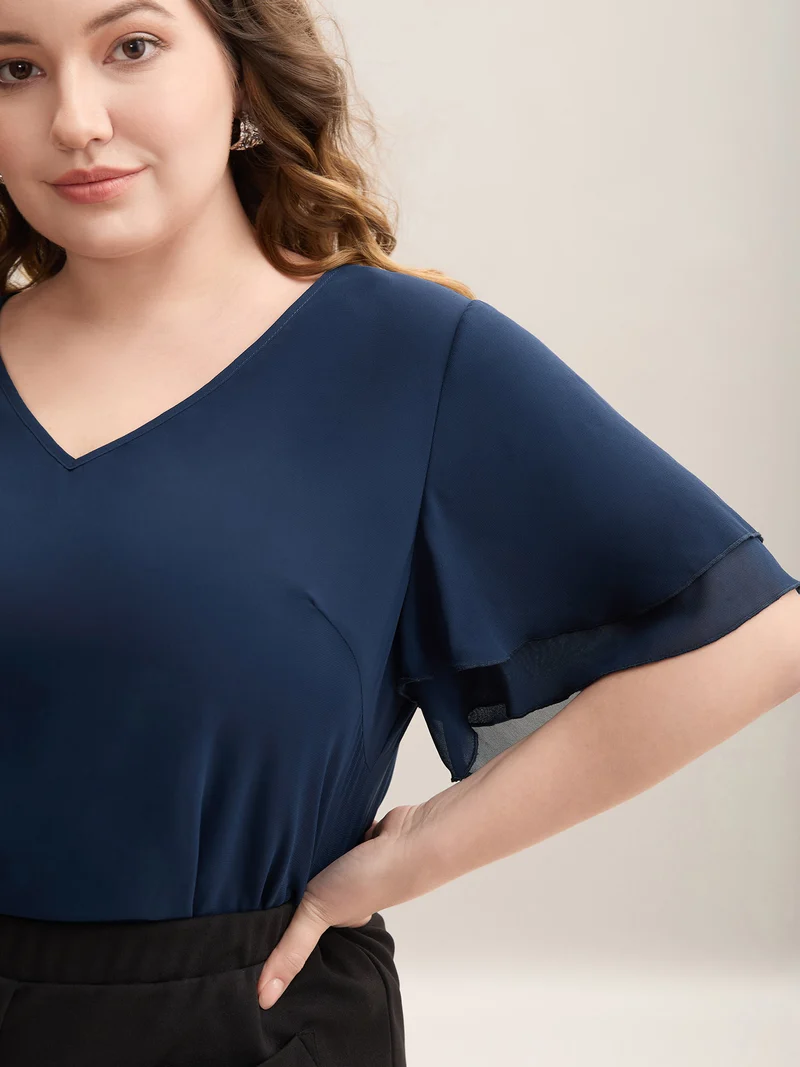 Chiffon Layered Sleeve Solid Blouse