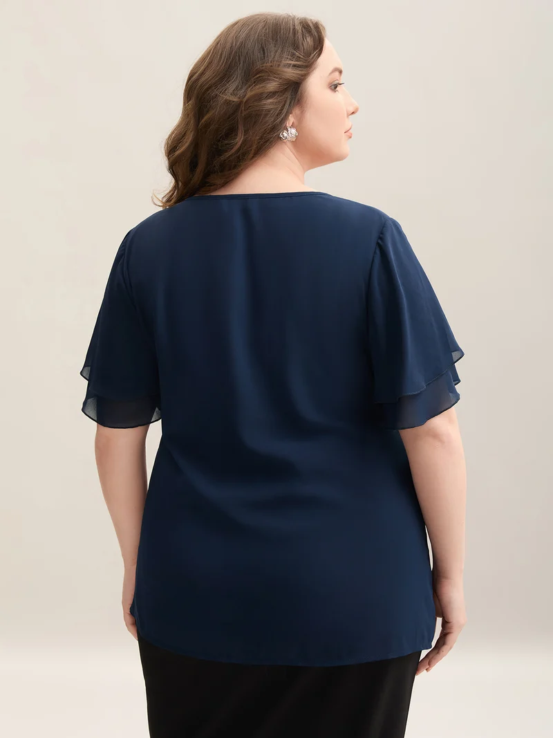 Chiffon Layered Sleeve Solid Blouse