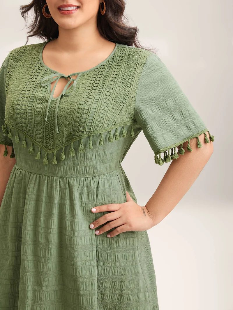 Lace Neck-Tie Pockets Tiered Midi Dress