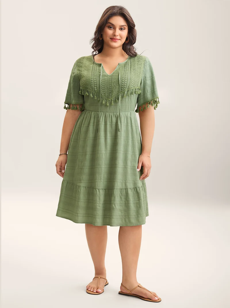 Lace Neck-Tie Pockets Tiered Midi Dress