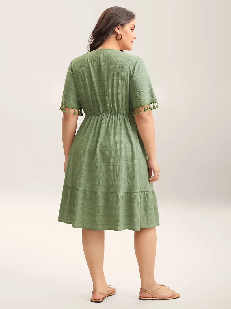 Lace Neck-Tie Pockets Tiered Midi Dress