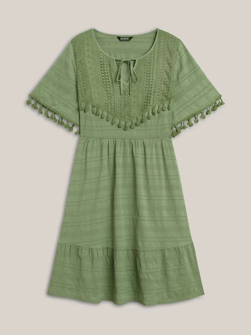 Lace Neck-Tie Pockets Tiered Midi Dress
