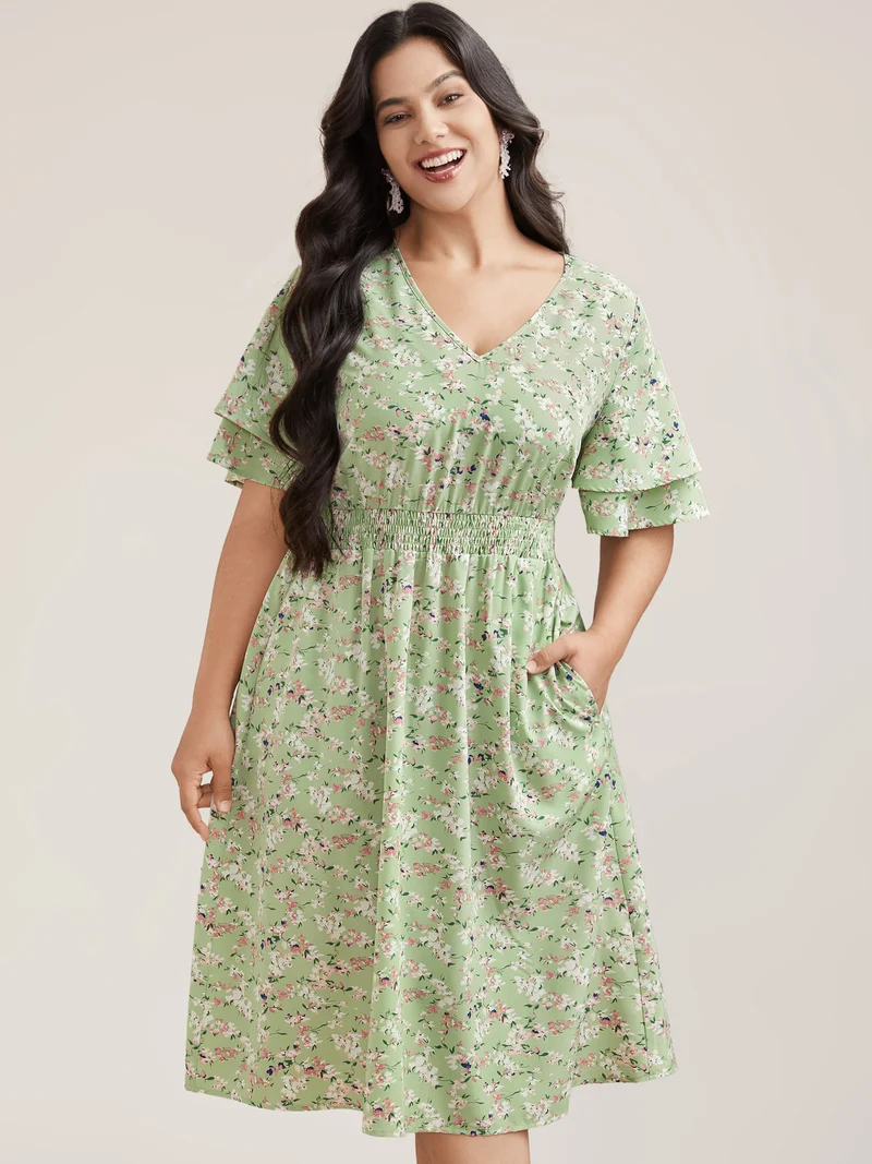 Floral Print Shirred Waist Layered Sleeve Dress