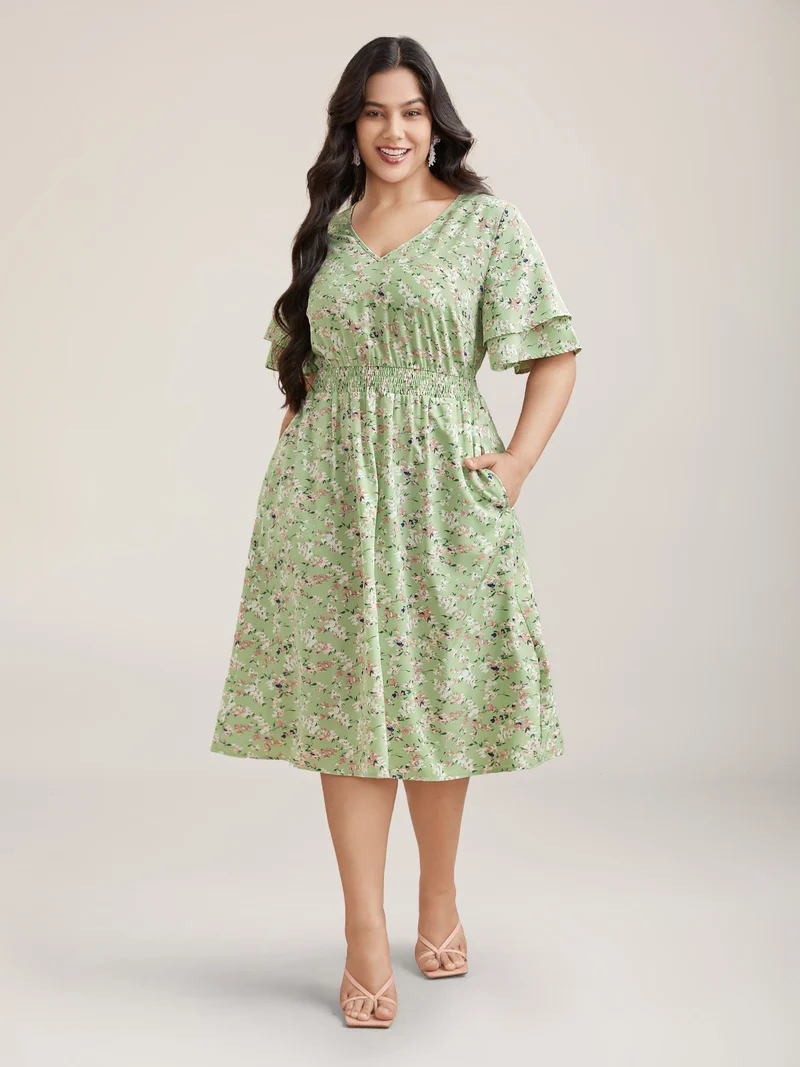 Floral Print Shirred Waist Layered Sleeve Dress