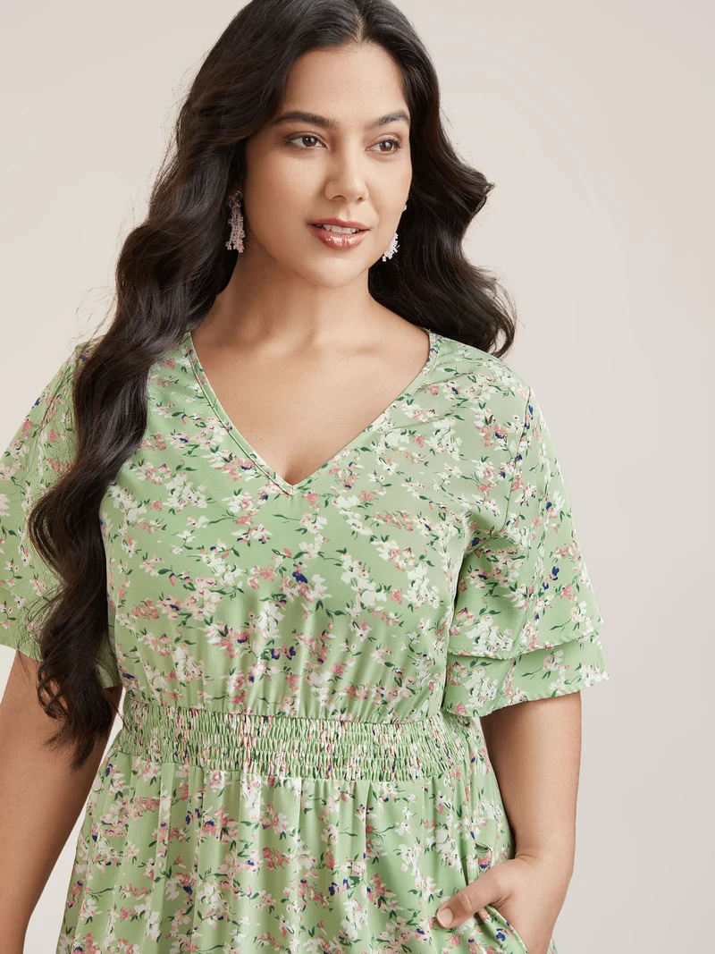 Floral Print Shirred Waist Layered Sleeve Dress