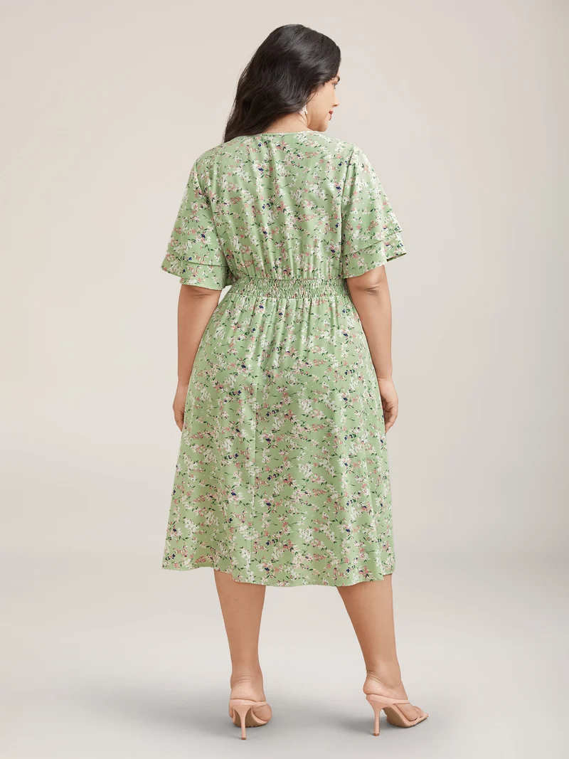 Floral Print Shirred Waist Layered Sleeve Dress