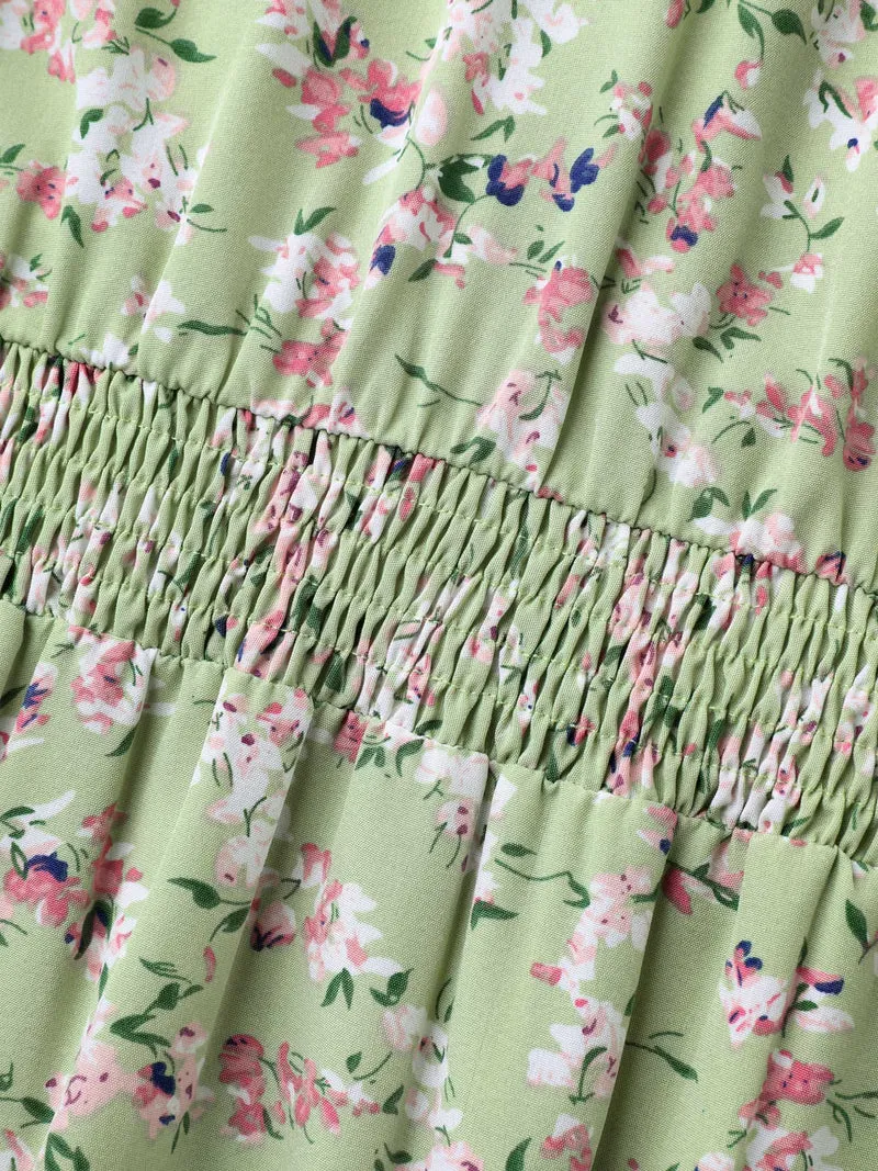 Floral Print Shirred Waist Layered Sleeve Dress
