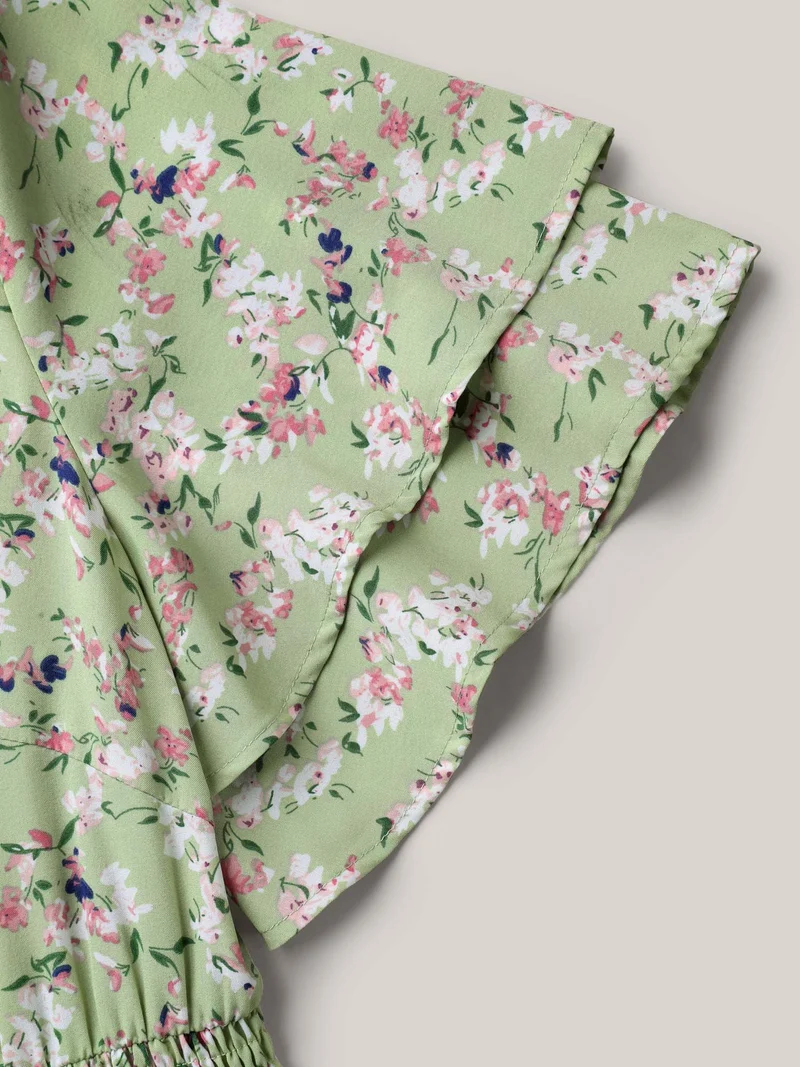 Floral Print Shirred Waist Layered Sleeve Dress