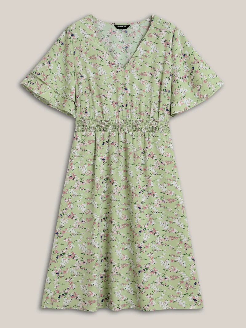 Floral Print Shirred Waist Layered Sleeve Dress