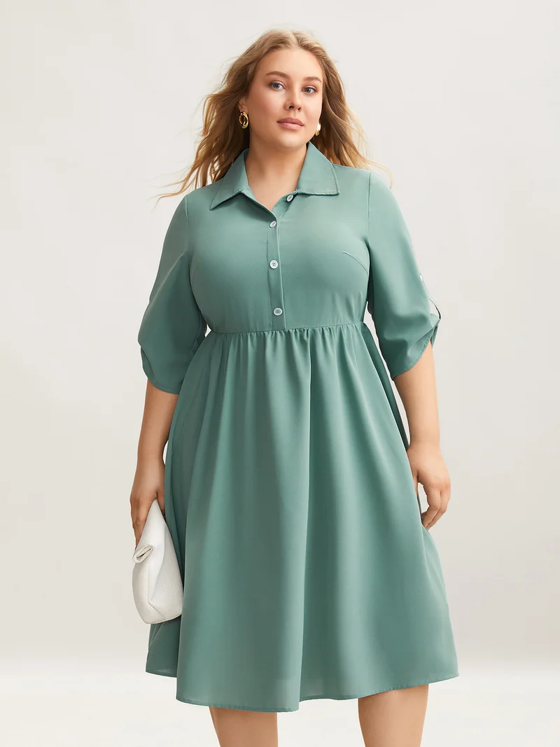 Shirt Collar Front Button Placket Midi Dress