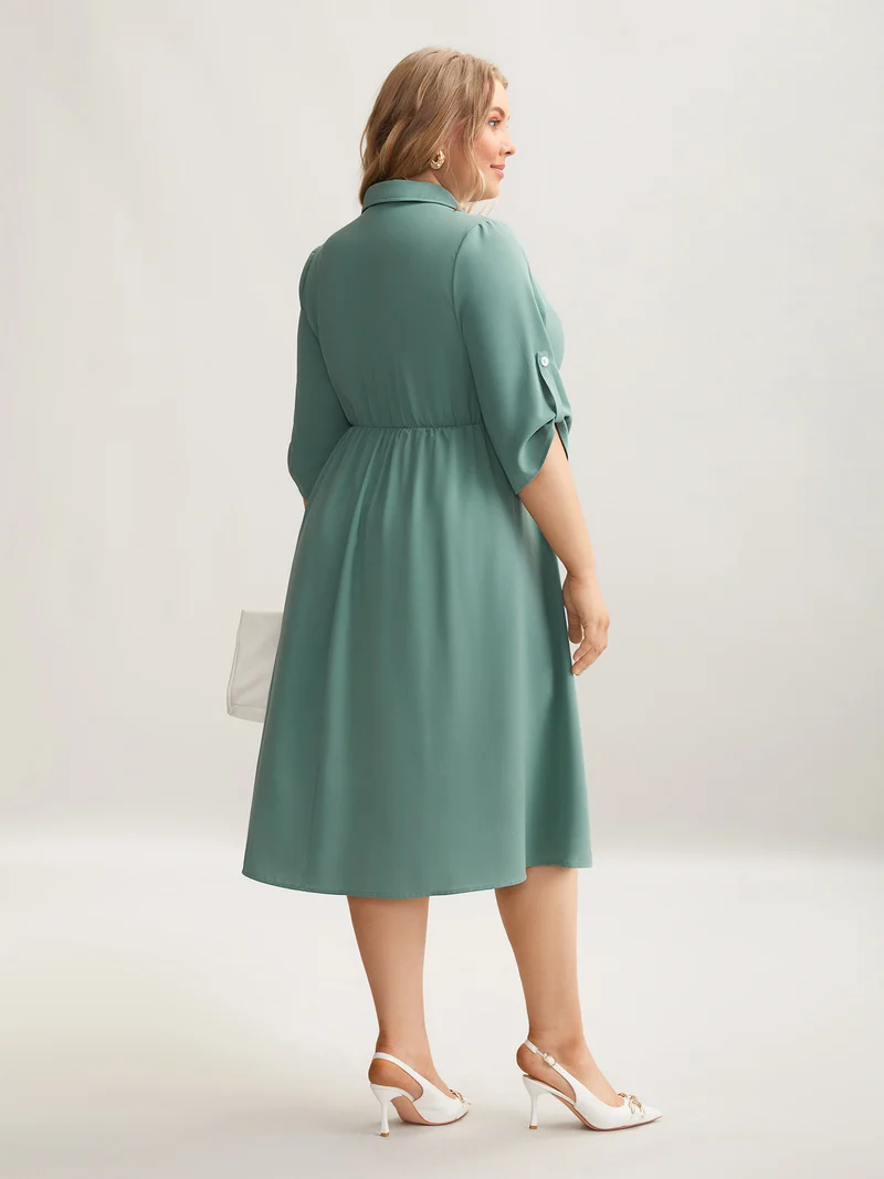 Shirt Collar Front Button Placket Midi Dress