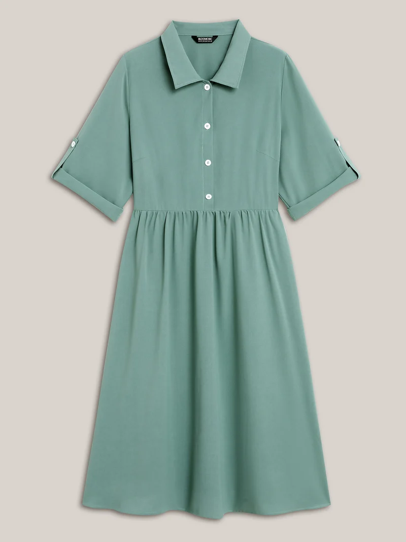 Shirt Collar Front Button Placket Midi Dress
