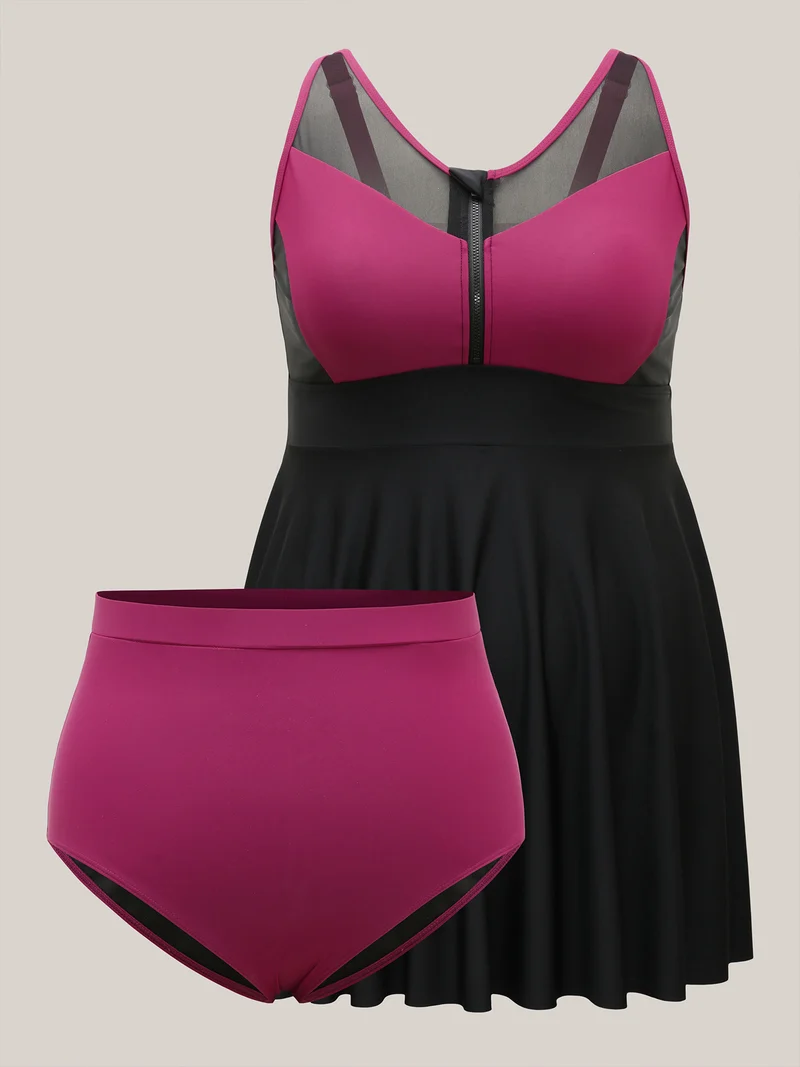 Glide Lock Zipper Color Contrast Swim Dress