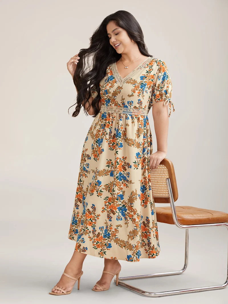 Floral Pring Lace Detail Tied Midi Dress