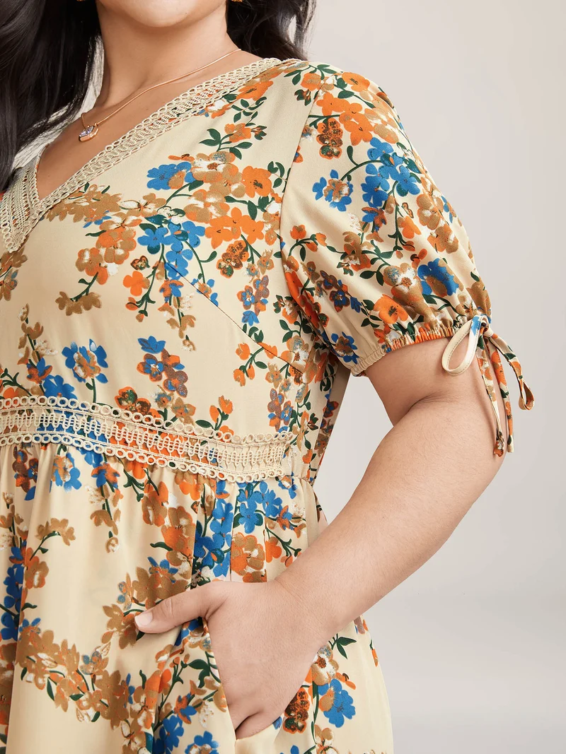 Floral Pring Lace Detail Tied Midi Dress