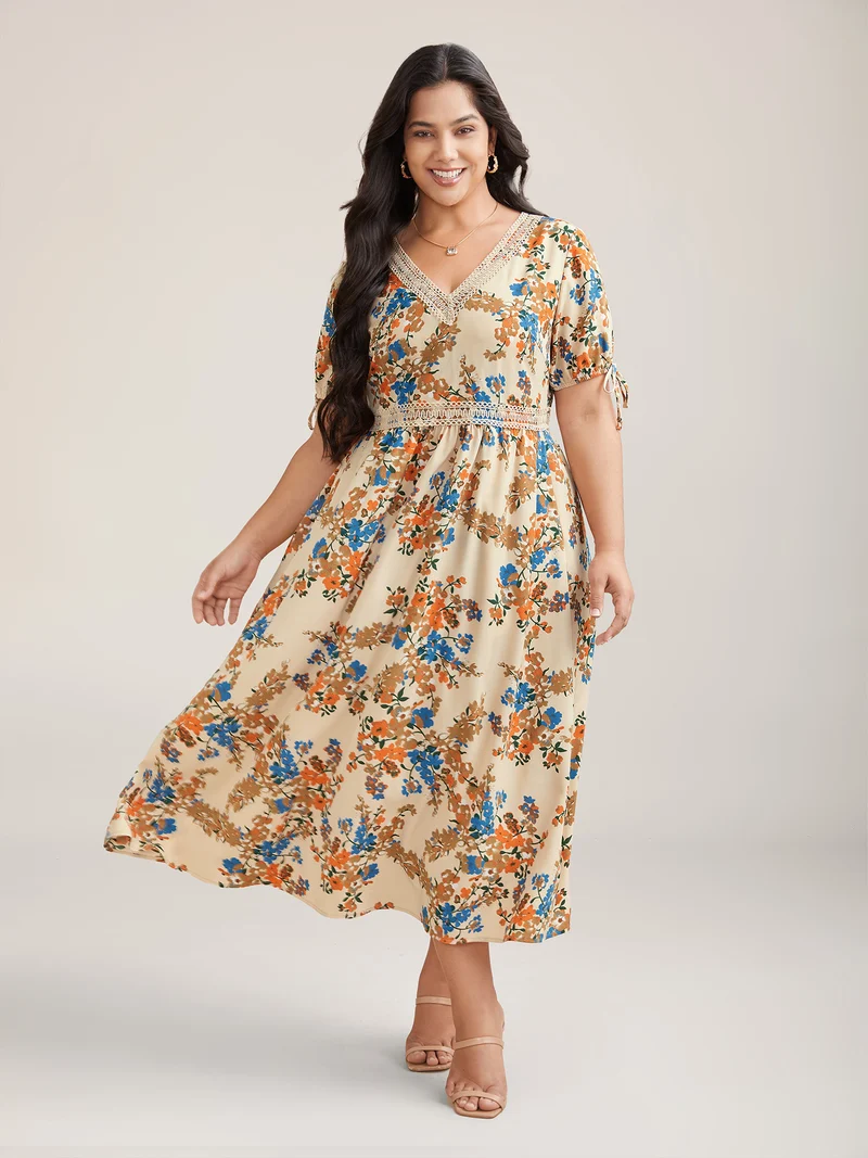 Floral Pring Lace Detail Tied Midi Dress