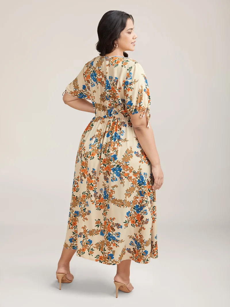 Floral Pring Lace Detail Tied Midi Dress