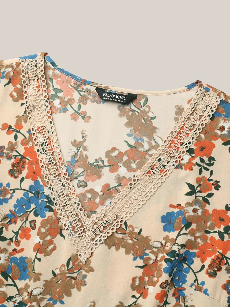 Floral Pring Lace Detail Tied Midi Dress