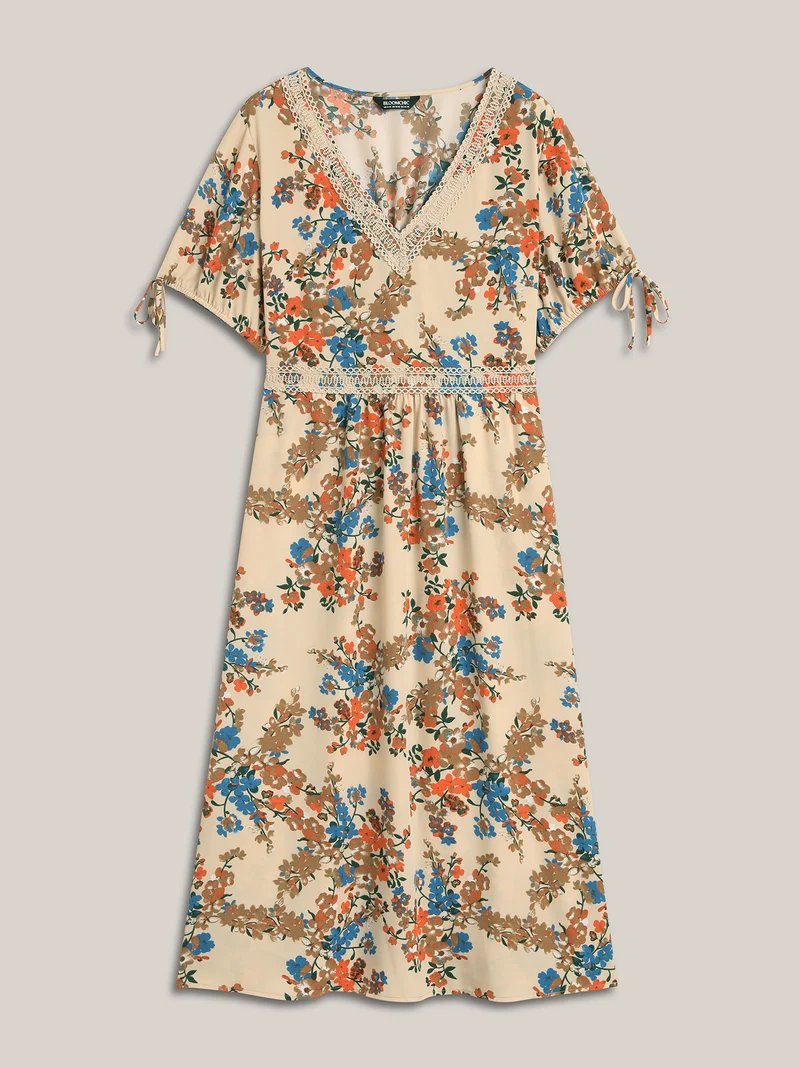 Floral Pring Lace Detail Tied Midi Dress