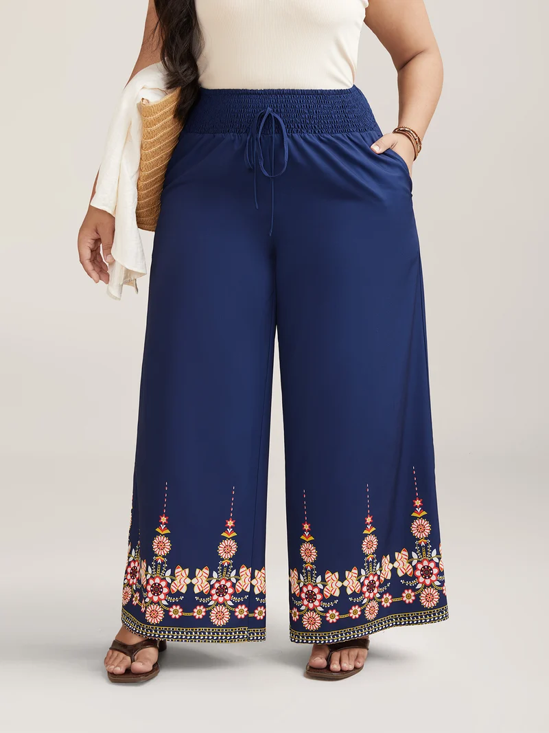 Contrast Geo Print Hem Wide-Leg Pants
