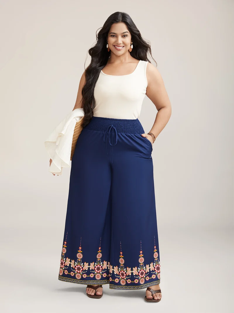 Contrast Geo Print Hem Wide-Leg Pants