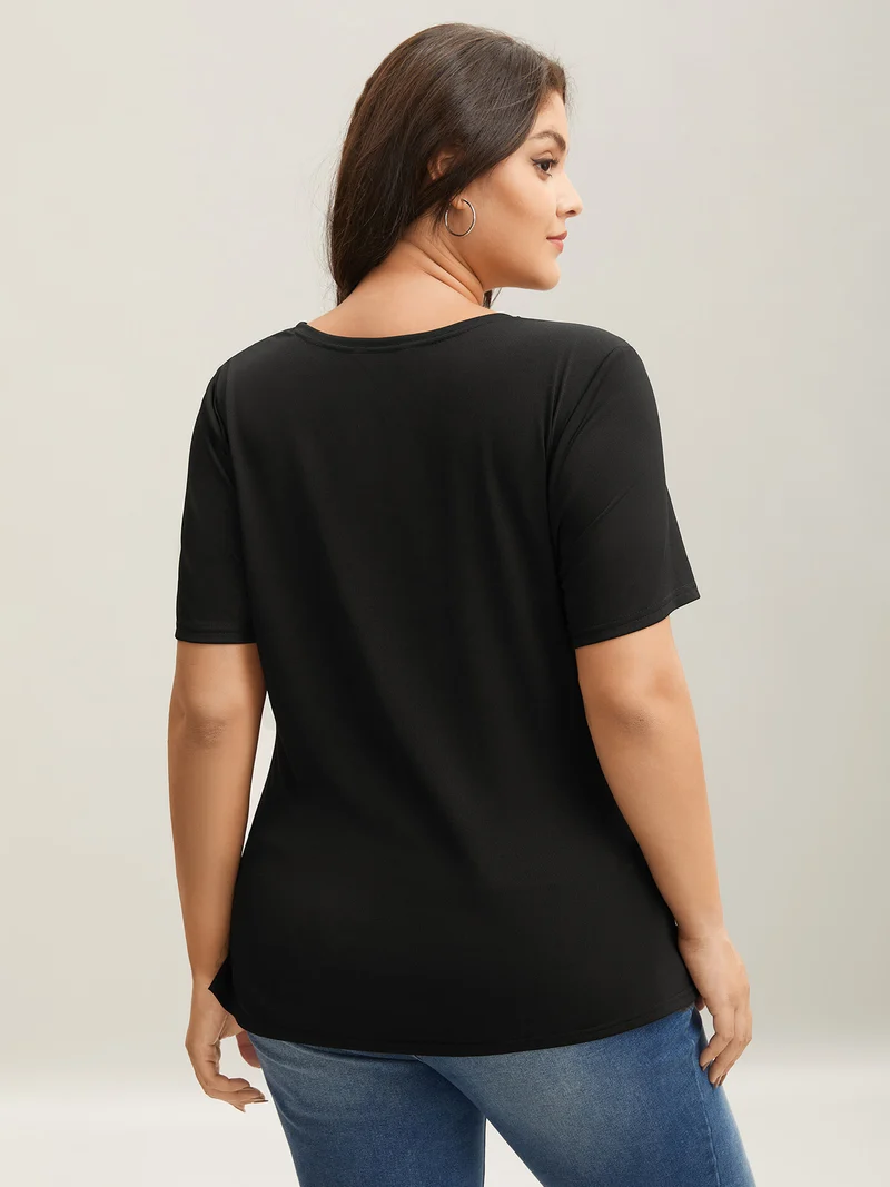 Asymmetrical Neckline Curved Hem Plain T-Shirt
