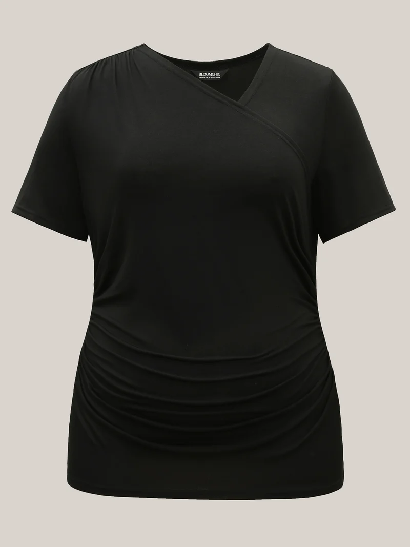 Asymmetrical Neckline Curved Hem Plain T-Shirt