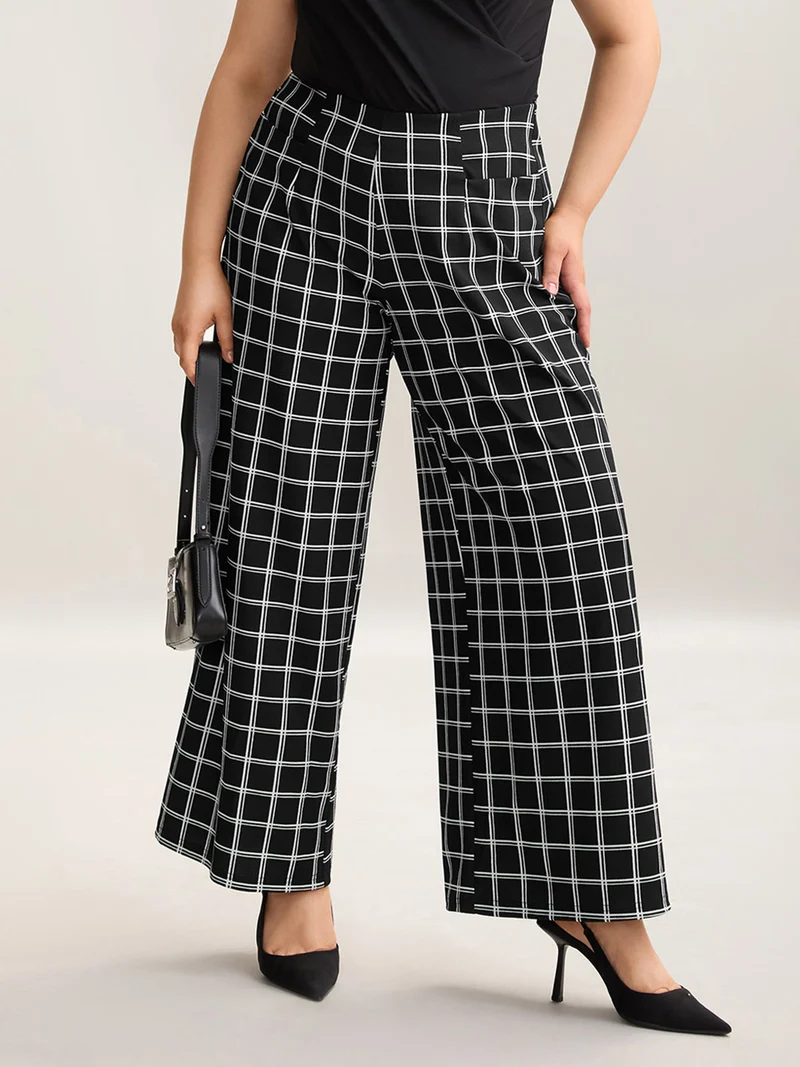 Plaid Pattern Stretchy Waist Wide-Leg Pants