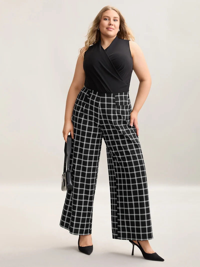 Plaid Pattern Stretchy Waist Wide-Leg Pants