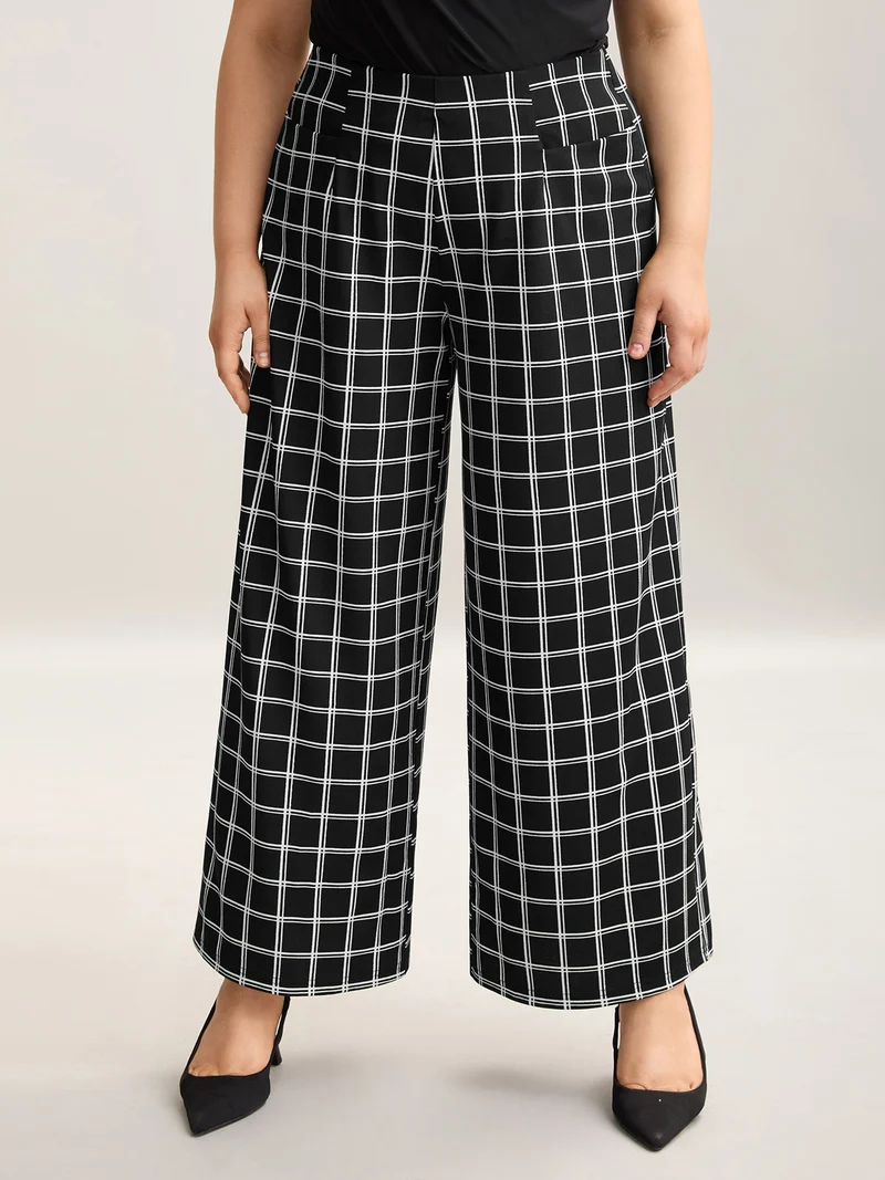 Plaid Pattern Stretchy Waist Wide-Leg Pants