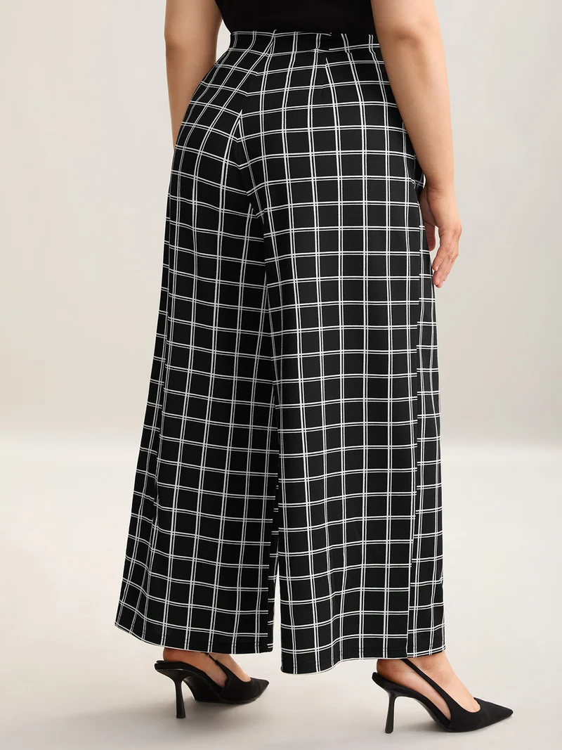 Plaid Pattern Stretchy Waist Wide-Leg Pants