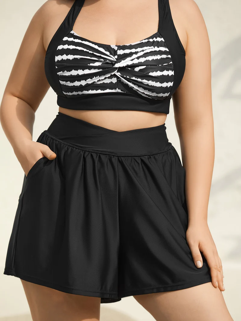 High-Waisted Pleated Pockets Swim Bottoms