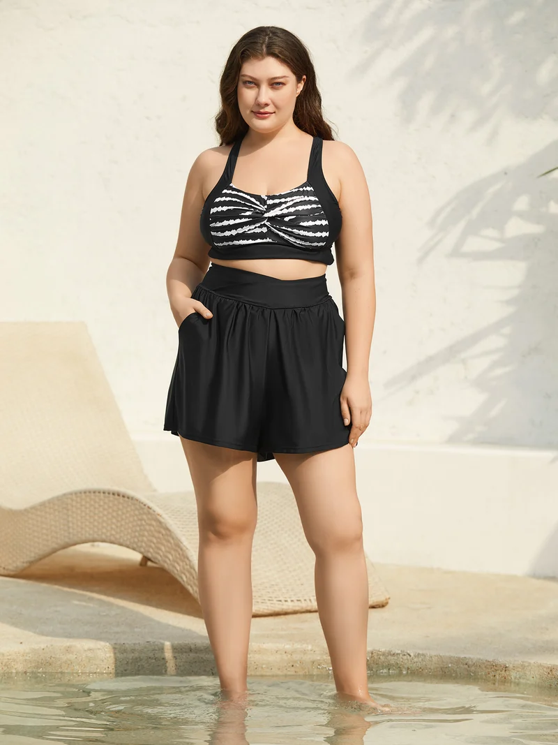 High-Waisted Pleated Pockets Swim Bottoms