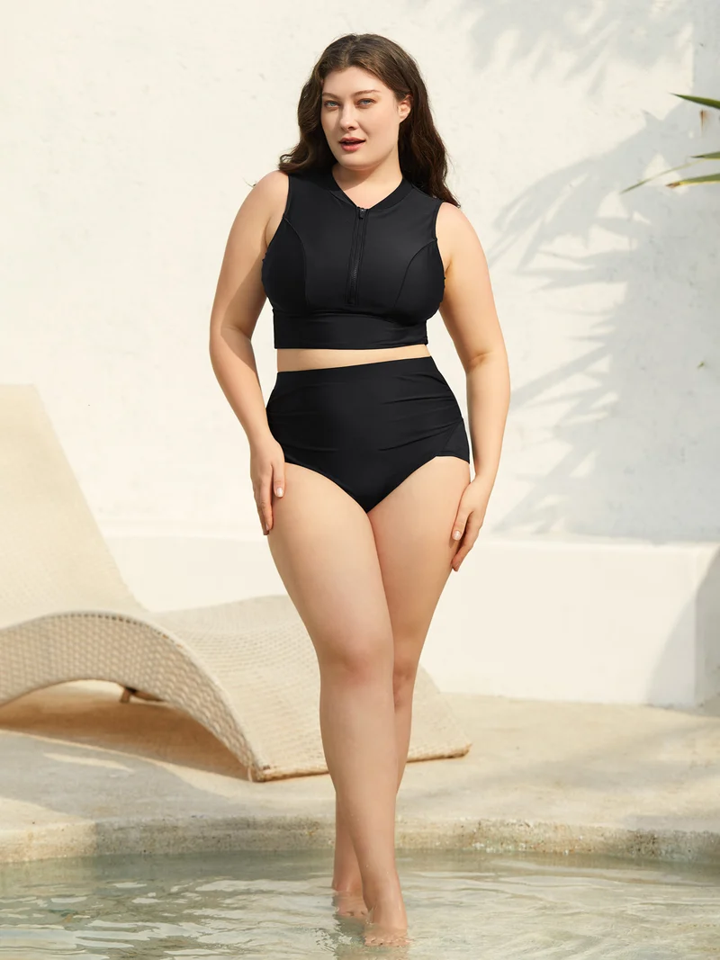 Glide Lock Zipper Plain Fitted Swim Top